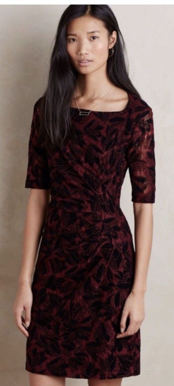 Anthropolgie Maeve  Lace Dress 4 Body Con Short Sleeve Ruched  Burgundy